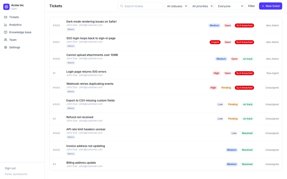 Sathi shared inbox with ticket filters and SLA badges
